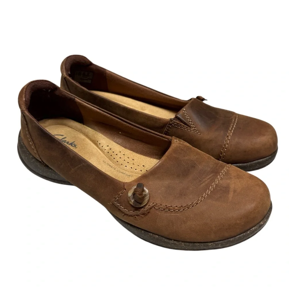 Clarks Roseville Sky Brown Leather Slip-On Loafers Shoes Womens 8 career office - Picture 2 of 15